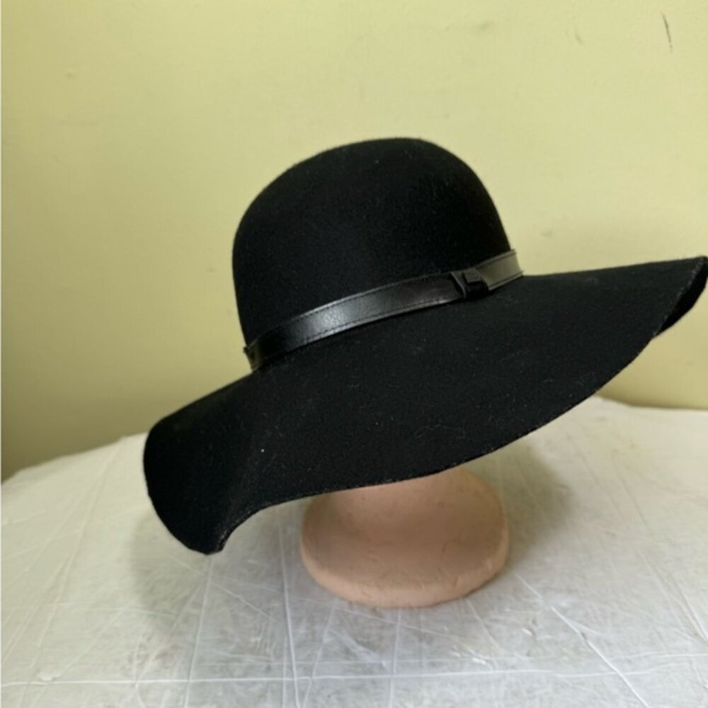 RUDSAK Wool Wide Rimmed Boho Floppy Hat Leather Belt Black Logo 100% Festival OS